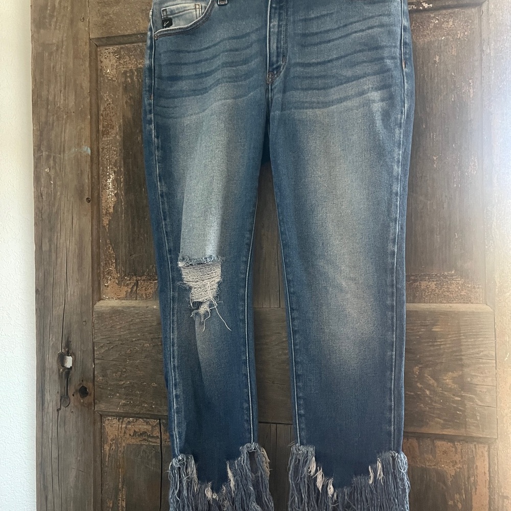 KanCan Blue Distressed Ankle Jeans with Frayed Hem